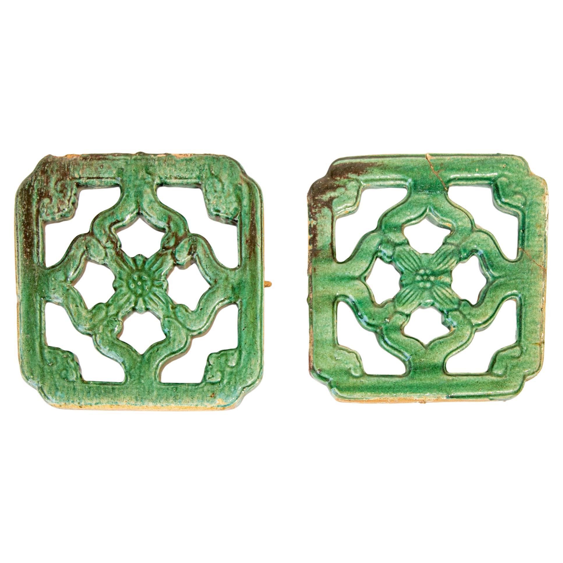 Antique Chinese Emerald Green Glazed Architectural Tile, circa 1900 Set of 2