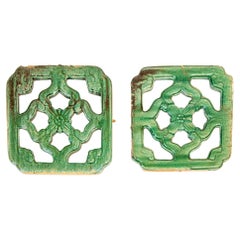 Antique Chinese Emerald Green Glazed Architectural Tile, circa 1900 Set of 2