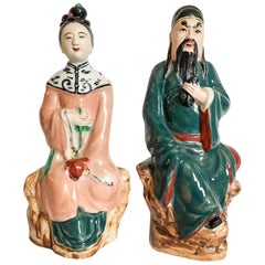 Antique Chinese Emperor and Empress Mud Figures, Pair