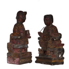 Antique Chinese Emperor and Empress Wooden Statues