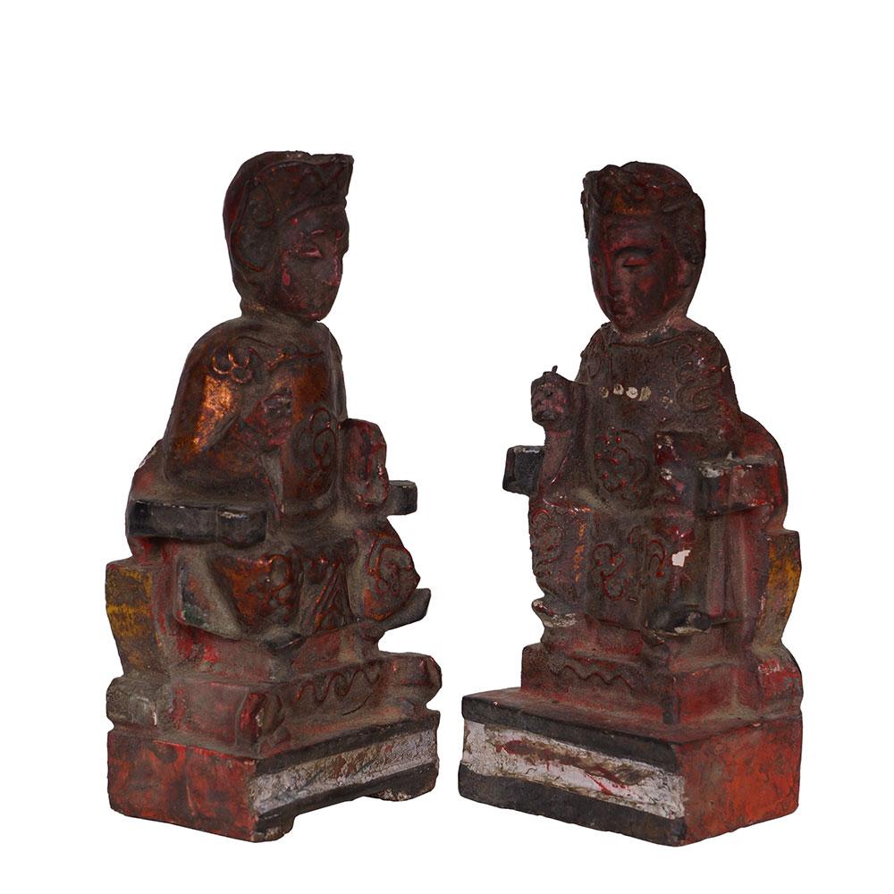 This pair of Antique Chinese Emperor and Empress Statues are 100% hand made and hand carved with paint and gilt on them. Some of the paint and gilt has been worn off but overall they are in good condition. Look at the pictures, you can see that they