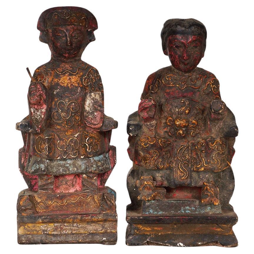 Antique Chinese Emperor and Empress Wooden Statues For Sale