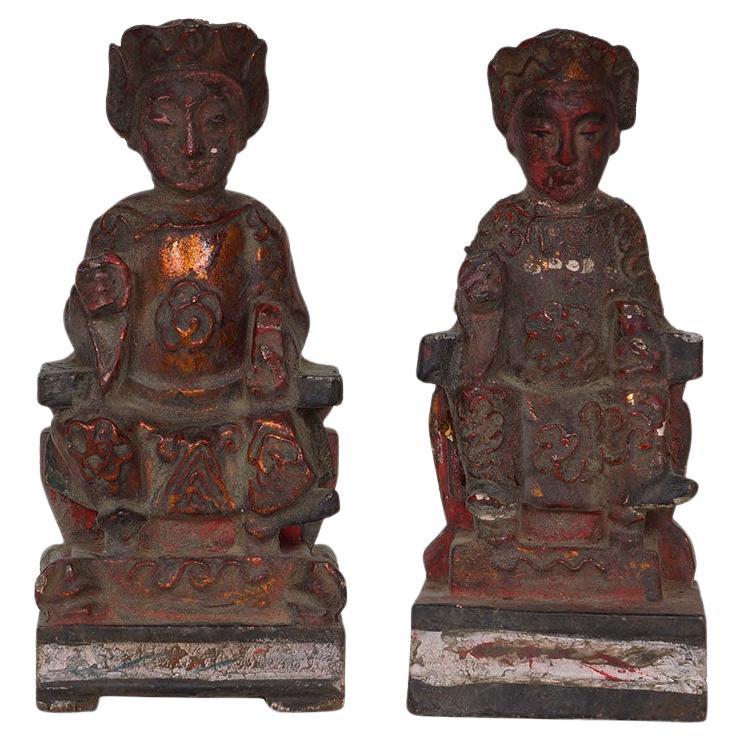 Antique Chinese Emperor and Empress Wooden Statues For Sale