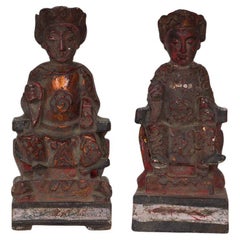 Antique Chinese Emperor and Empress Wooden Statues