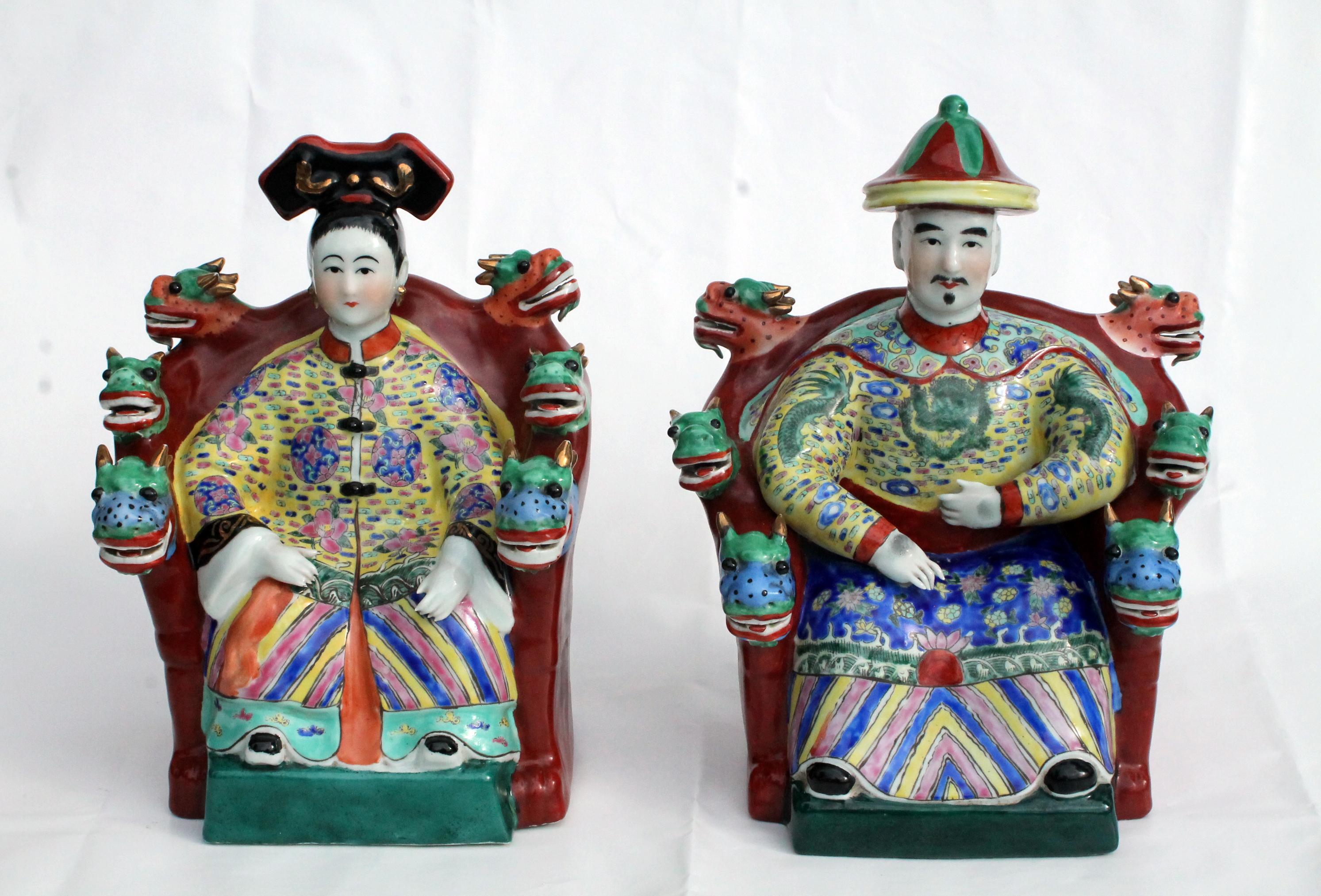 Hand-Crafted Antique Chinese Emperor & Empress Statues / Fujian Huiguan Seal Mark 'Ca. 1940'