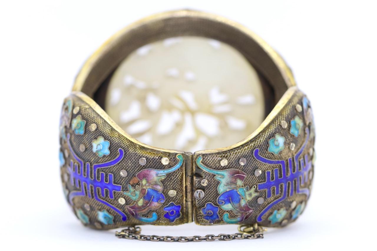 Uncut Antique Chinese Enamel Cloisonné Jade Silver Bangle Bracelet For Sale