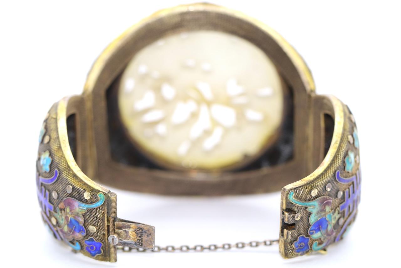 Women's or Men's Antique Chinese Enamel Cloisonné Jade Silver Bangle Bracelet For Sale