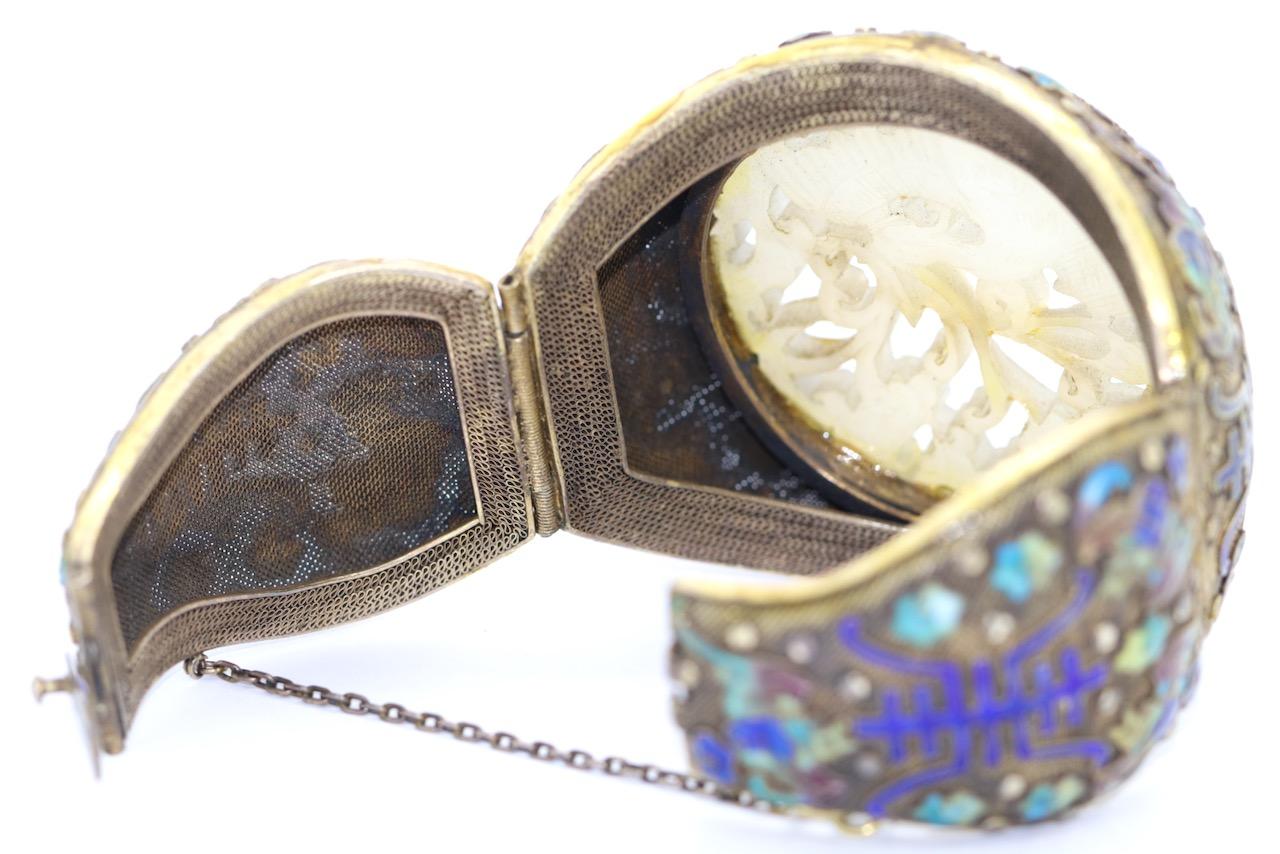Antique Chinese Enamel Cloisonné Jade Silver Bangle Bracelet For Sale 1