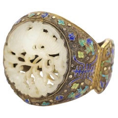 Antique Chinese Enamel Cloisonné Jade Silver Bangle Bracelet
