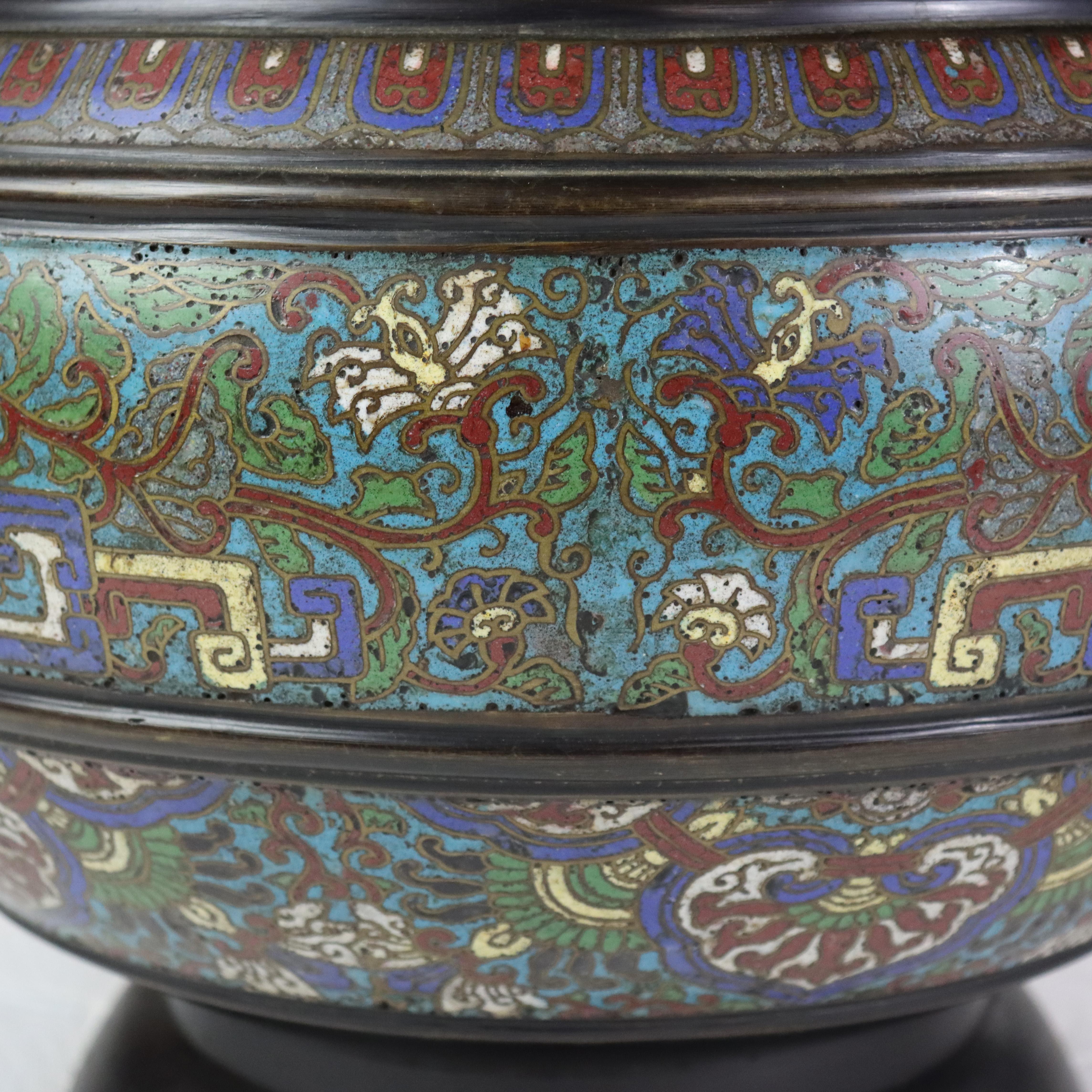 Antico vaso da terra cinese smaltato al cloisonne con fondo rimovibile non firmato C1910 (11 1/4