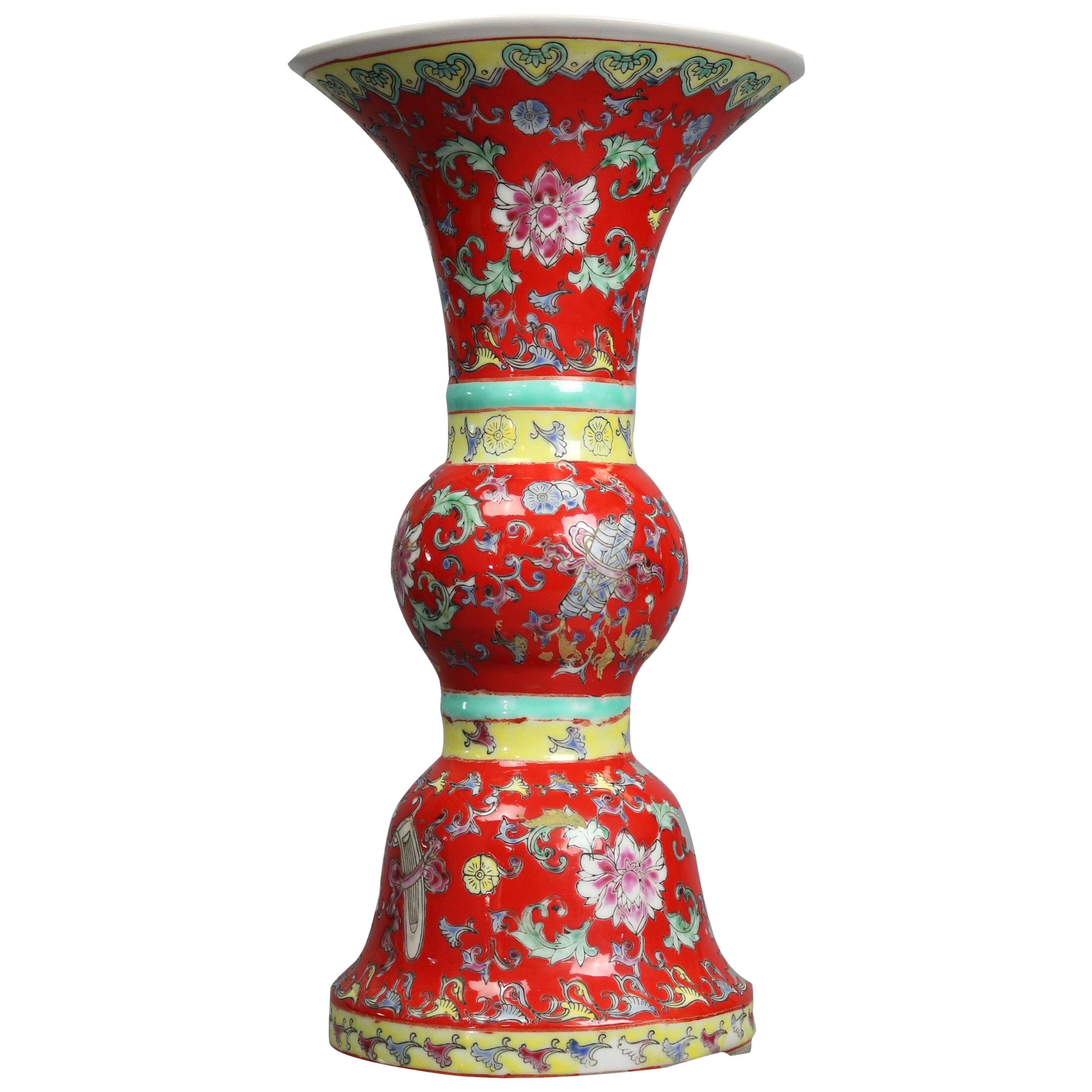 Antique Chinese Enameled Porcelain Vase, Stylized Trumpet Form, 20th