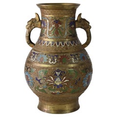 Antique Chinese  Enameled Vase with Figural Handles Signed C1890