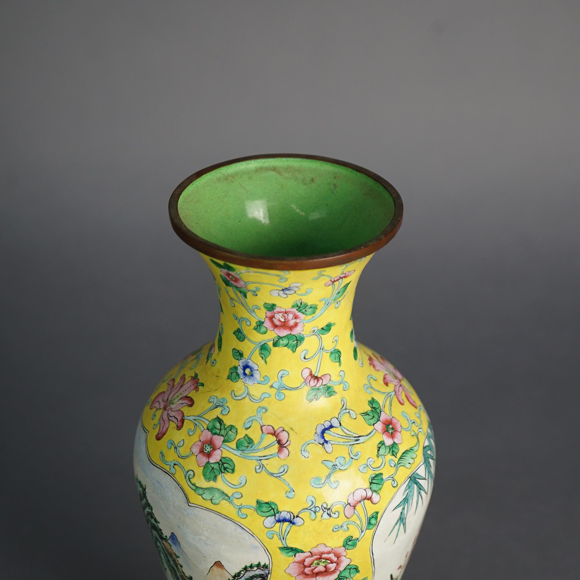 Metal Antique Chinese Enameled Vase with Landscape & Flowers C1930 For Sale