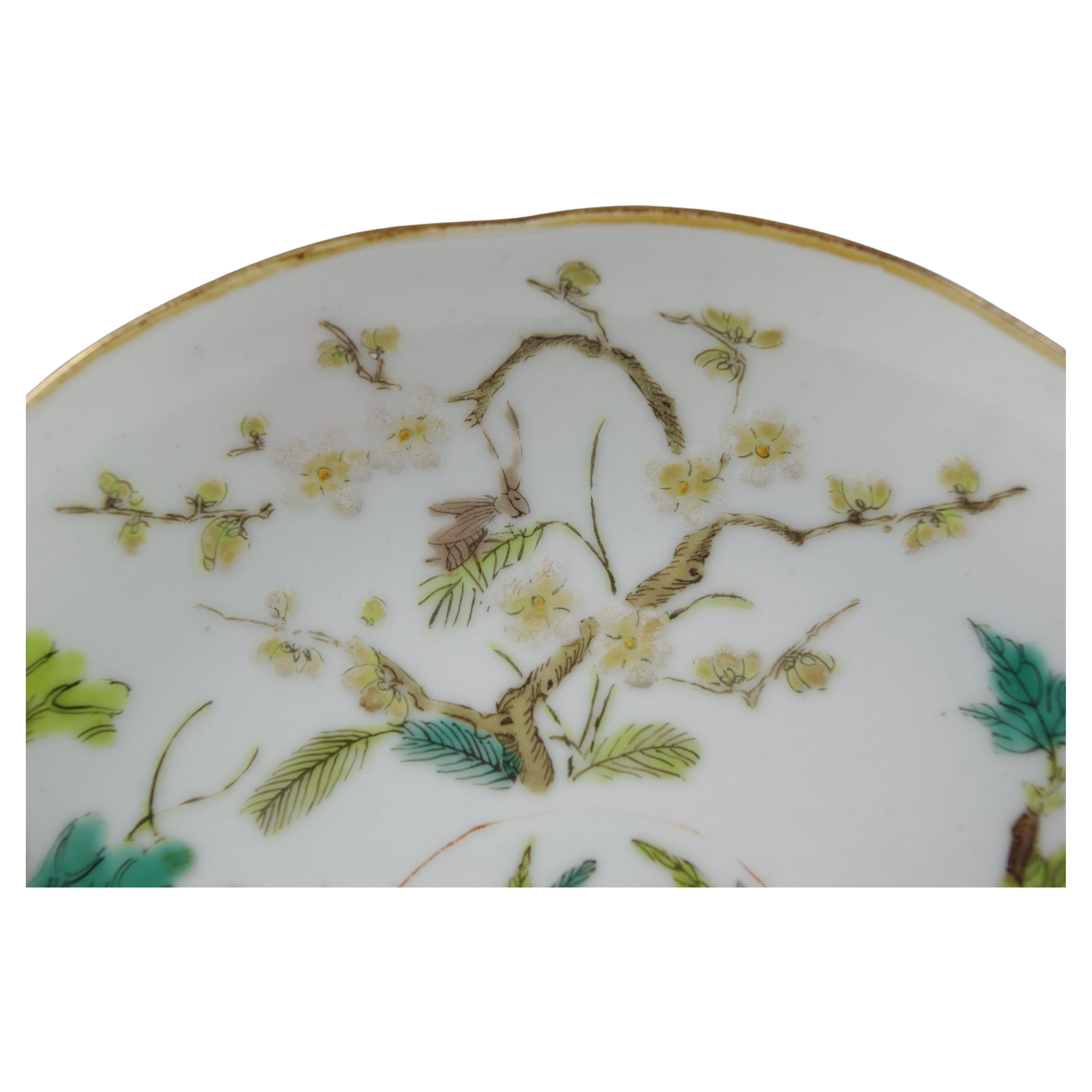 Qing Antique Chinese Porcelain Famille Rose Fencai Saucer Dish 5 Flowers Daoguang 19c For Sale
