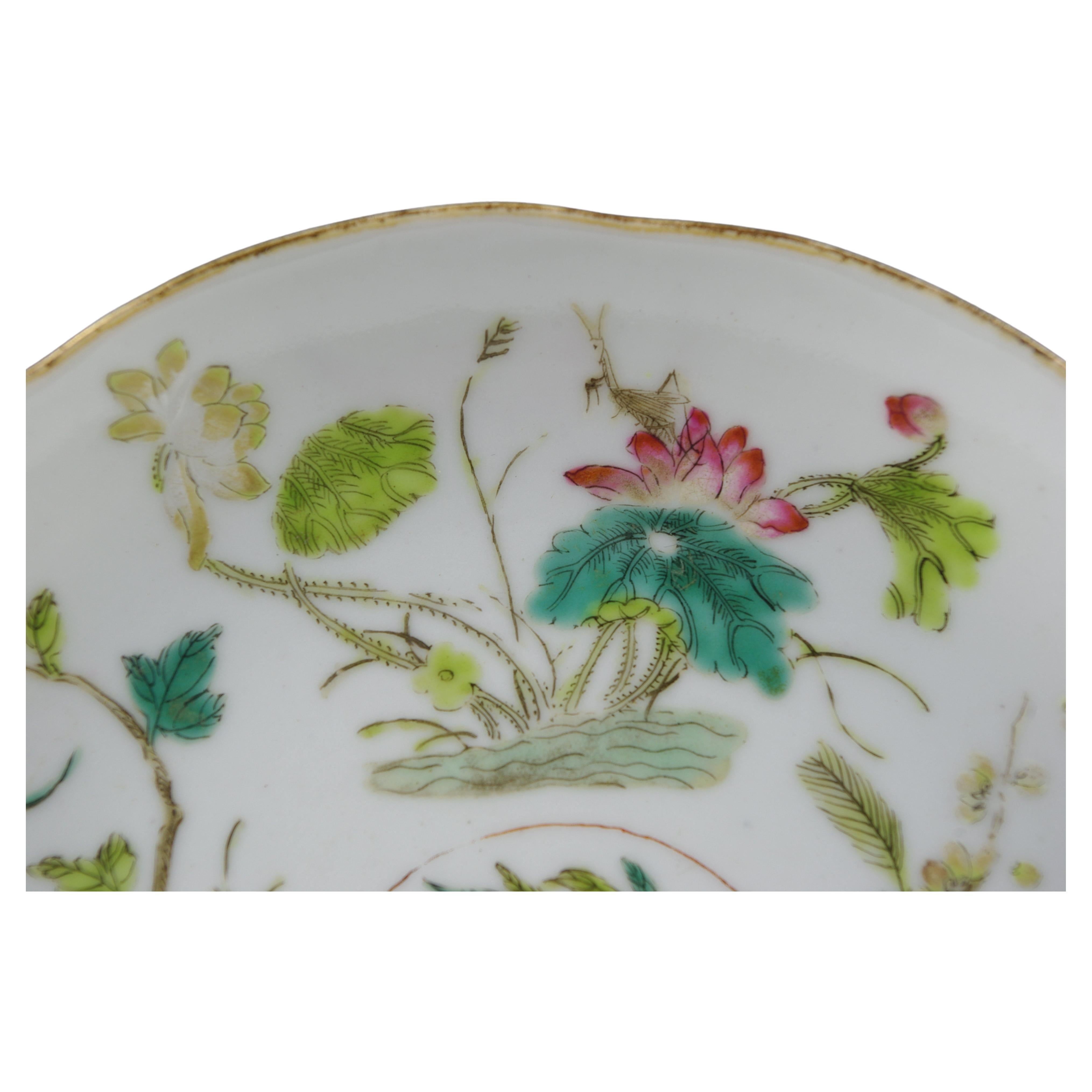 19th Century Antique Chinese Porcelain Famille Rose Fencai Saucer Dish 5 Flowers Daoguang 19c For Sale
