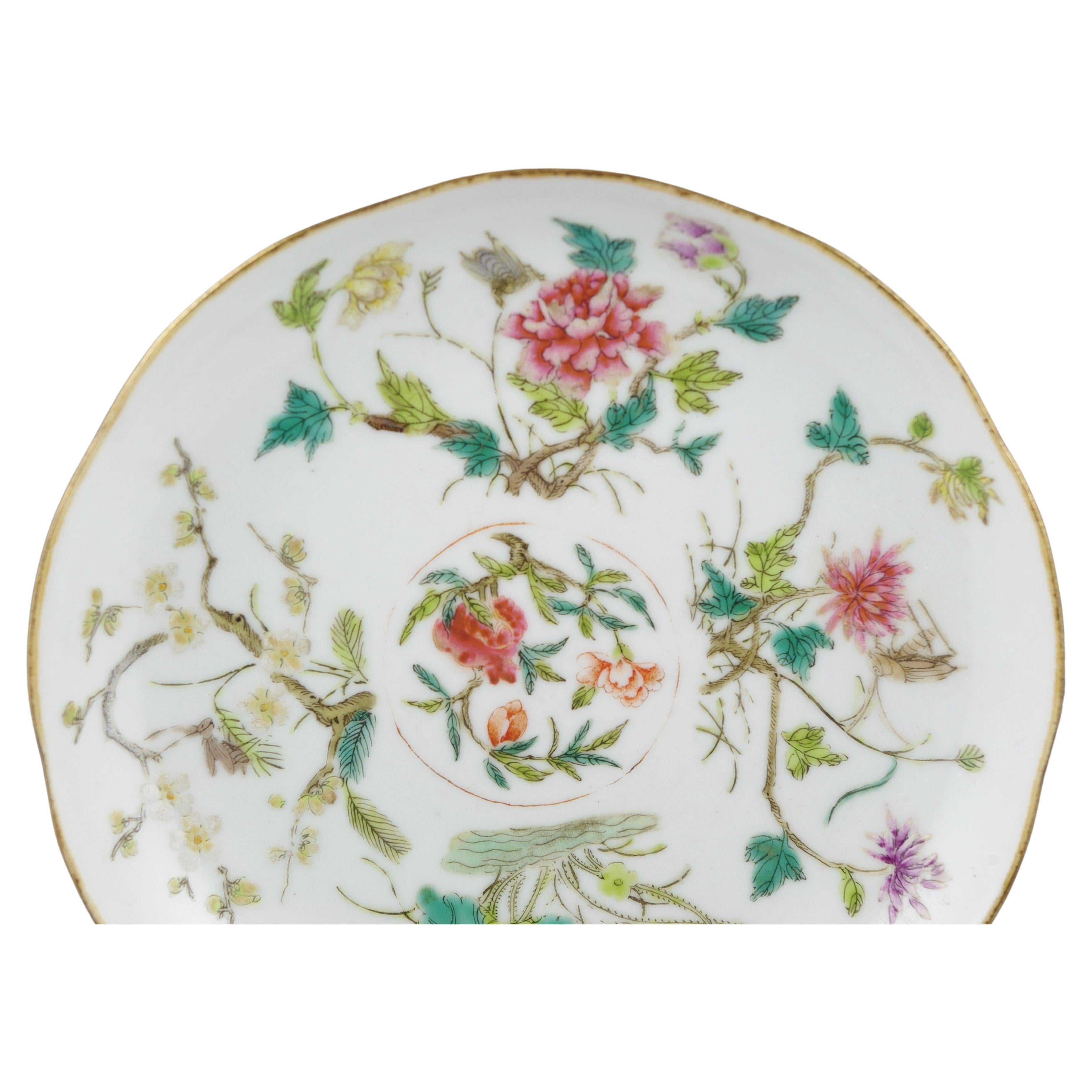 Antique Chinese Porcelain Famille Rose Fencai Saucer Dish 5 Flowers Daoguang 19c For Sale 2