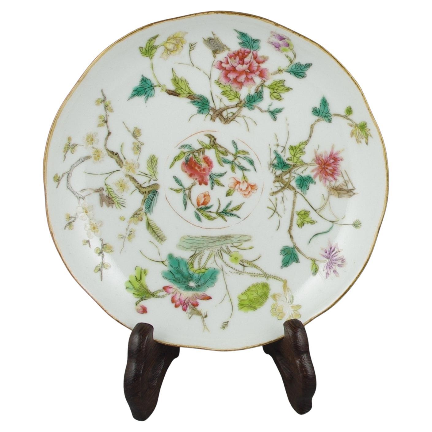 Antique Chinese Porcelain Famille Rose Fencai Saucer Dish 5 Flowers Daoguang 19c For Sale