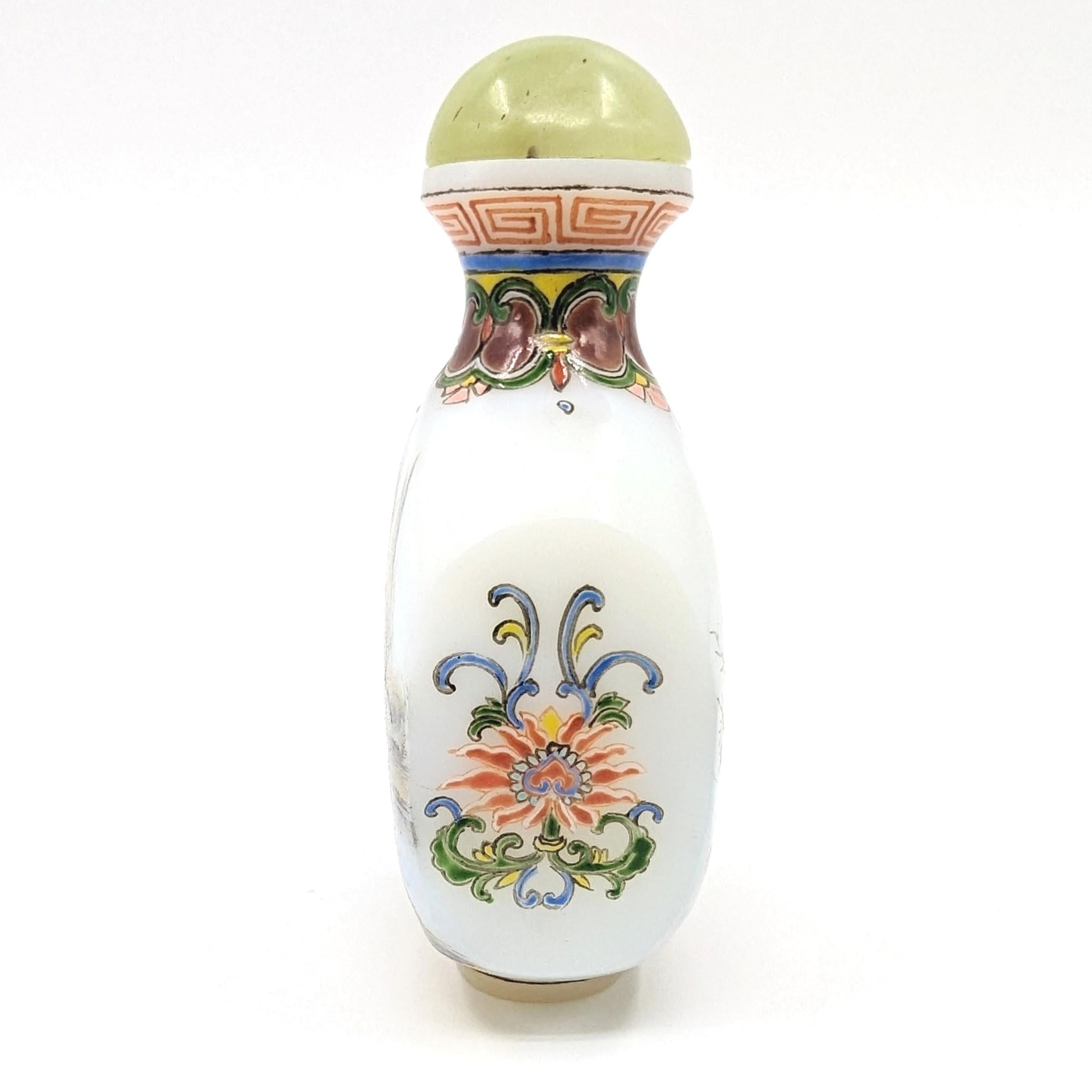 Antique Chinese Enameled White Glass Snuff Bottle Guyuexuan Mark 20c Republic In Excellent Condition For Sale In Richmond, CA