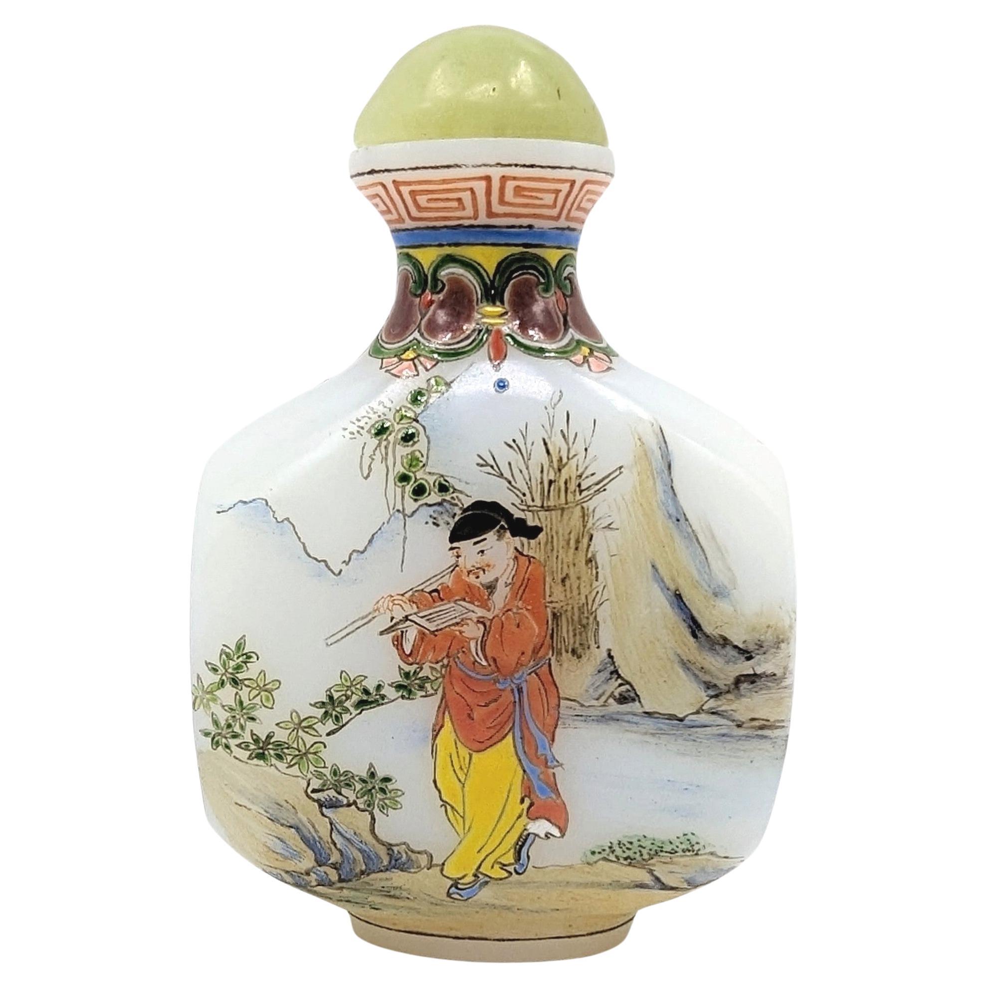 Antique Chinese Enameled White Glass Snuff Bottle Guyuexuan Mark 20c Republic For Sale