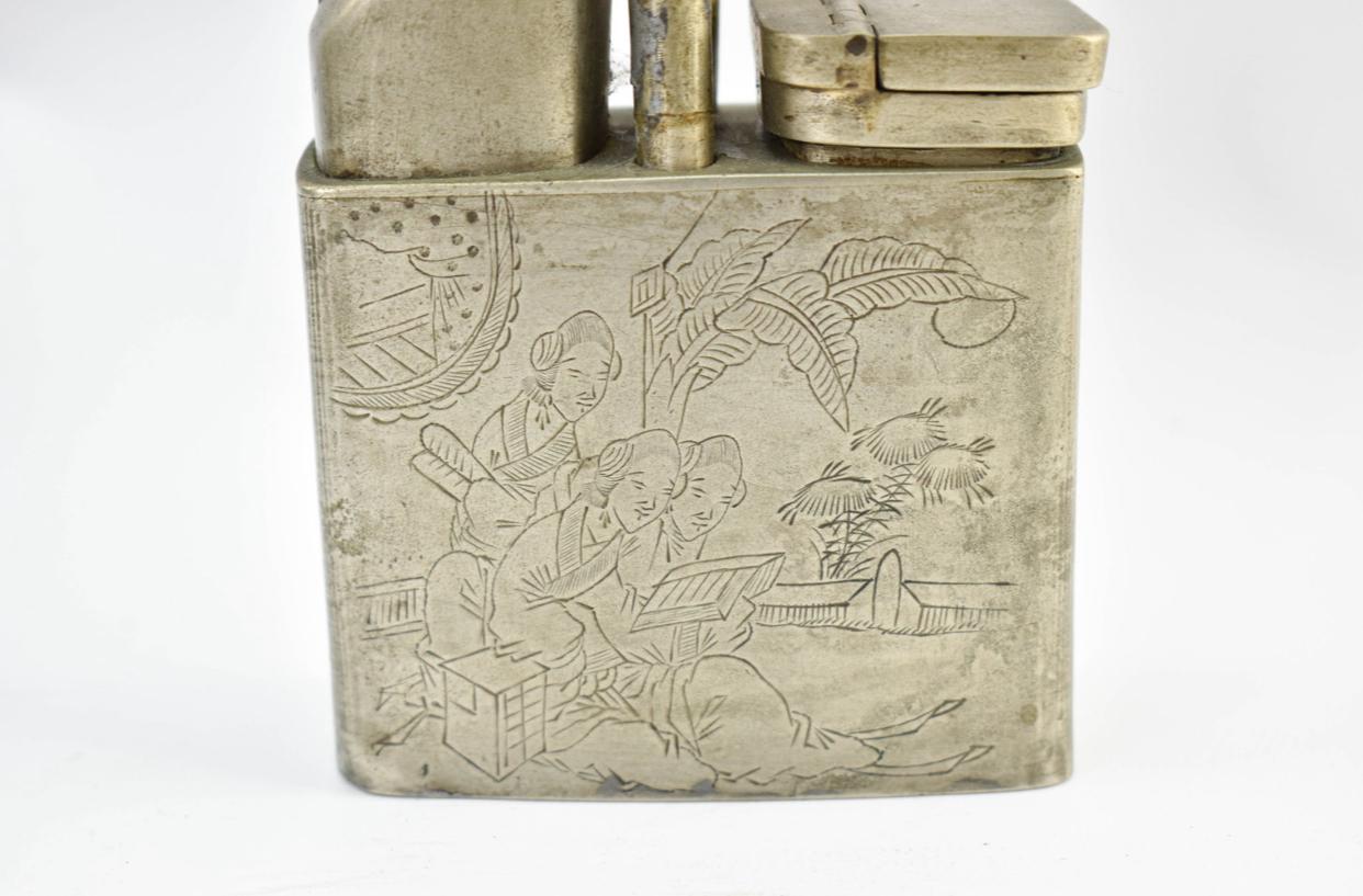 Antique Chinese paktong alloy water pipe, most likely mid to late 19th century. All pieces are still together, including the down stem and two tweezer and brush smoking tools. Two sides of the pipe are engraved with a court scene and nature scene,