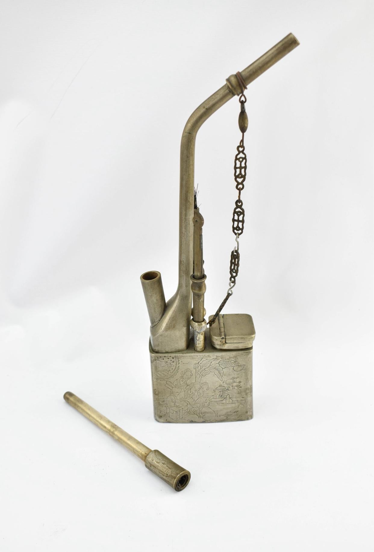 Antique Chinese Engraved Paktong Opium Water Pipe In Good Condition For Sale In Chicago, IL