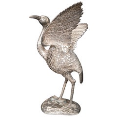 Antique Chinese Engraved Sterling Silver Bird Heron Sculpture Statue Figure 1920