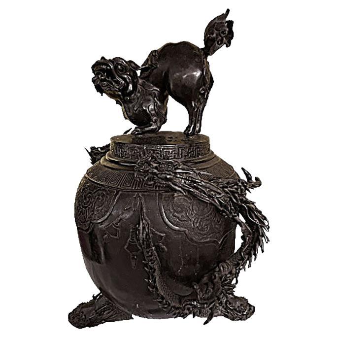Antique Chinese EX-LARGE Bronze Incense Burner w/ dragon handles For Sale