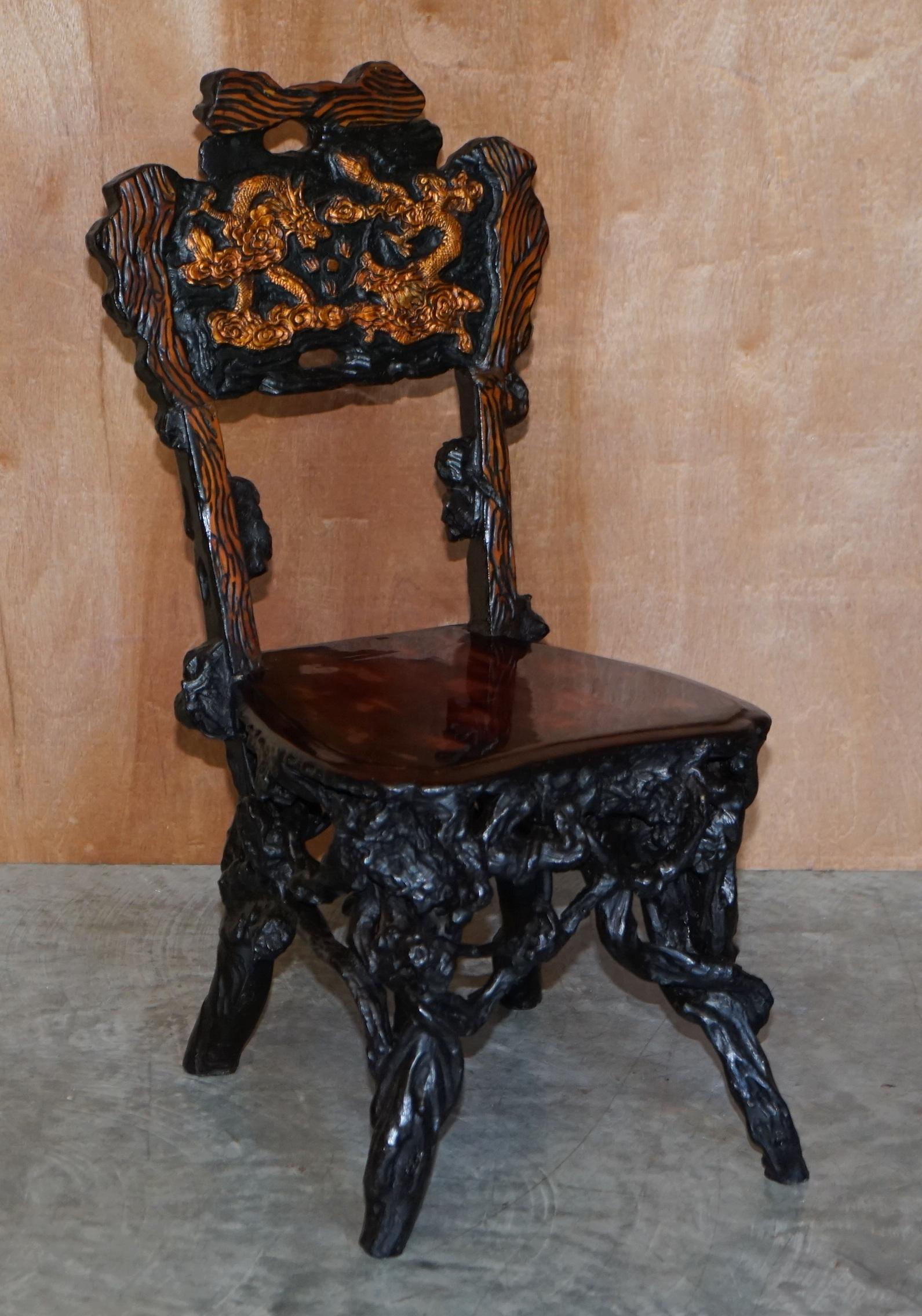 Antique Chinese Export 1920's Root Wood Carved Gilt Occasional Chairs & Table 12