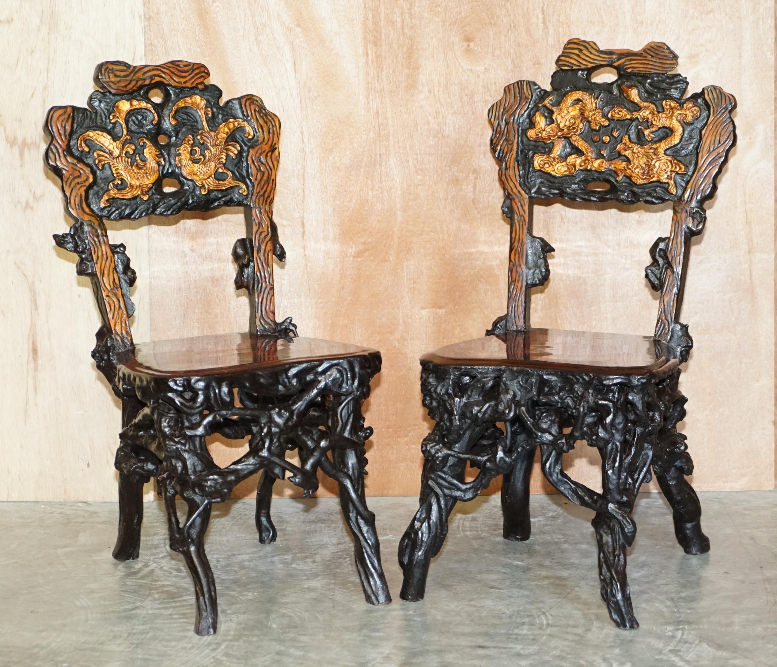 Antique Chinese Export 1920's Root Wood Carved Gilt Occasional Chairs & Table 4