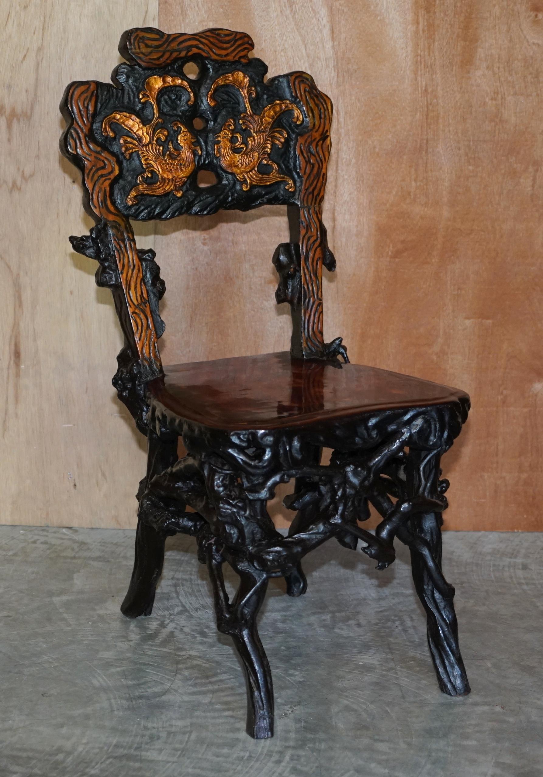 Antique Chinese Export 1920's Root Wood Carved Gilt Occasional Chairs & Table 5