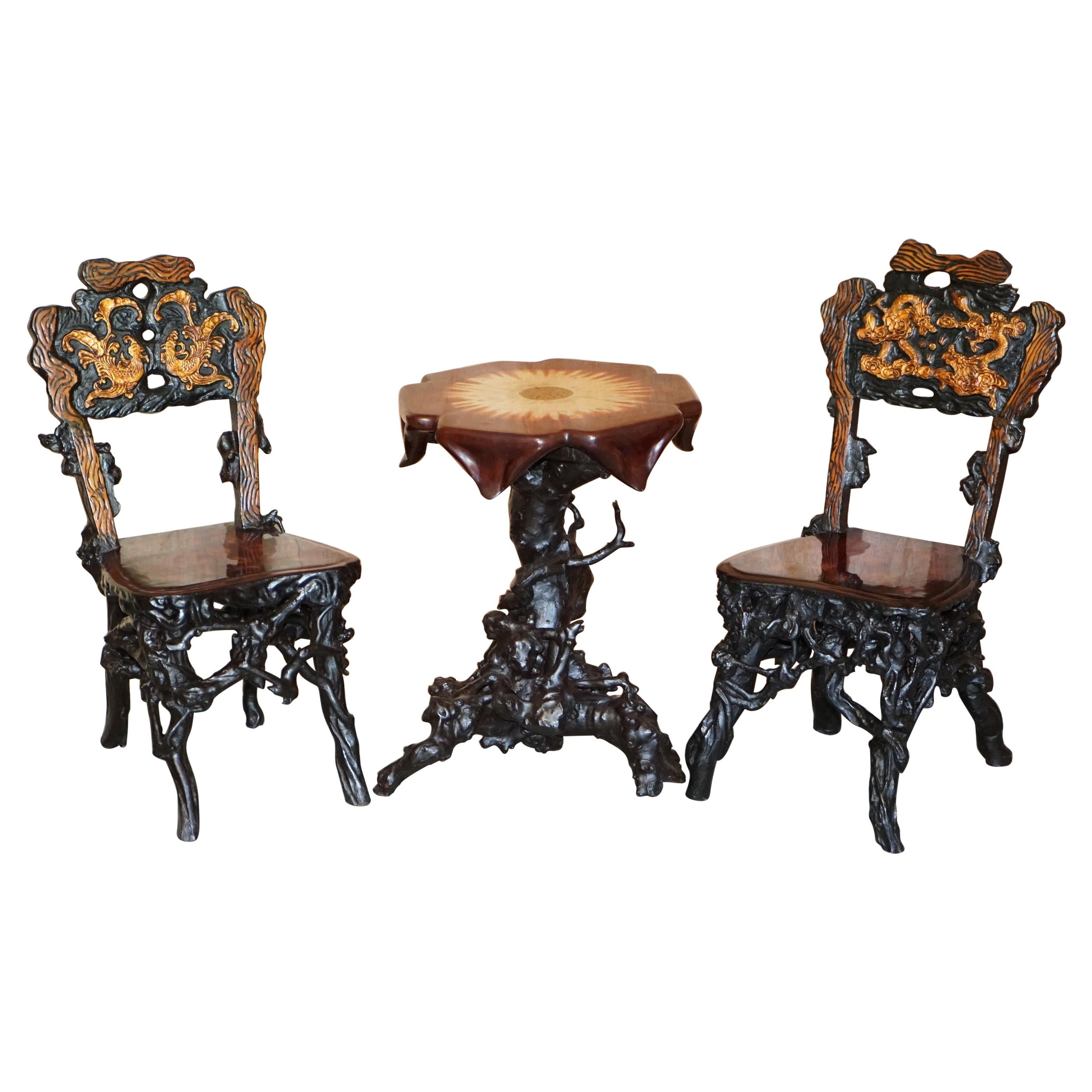 Antique Chinese Export 1920's Root Wood Carved Gilt Occasional Chairs & Table