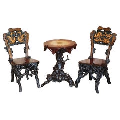 Antique Chinese Export 1920's Root Wood Carved Gilt Occasional Chairs & Table