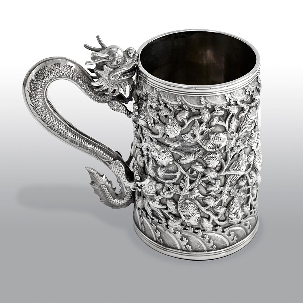 Embossed Antique Chinese Export 19th Century Large Solid Silver Tankard