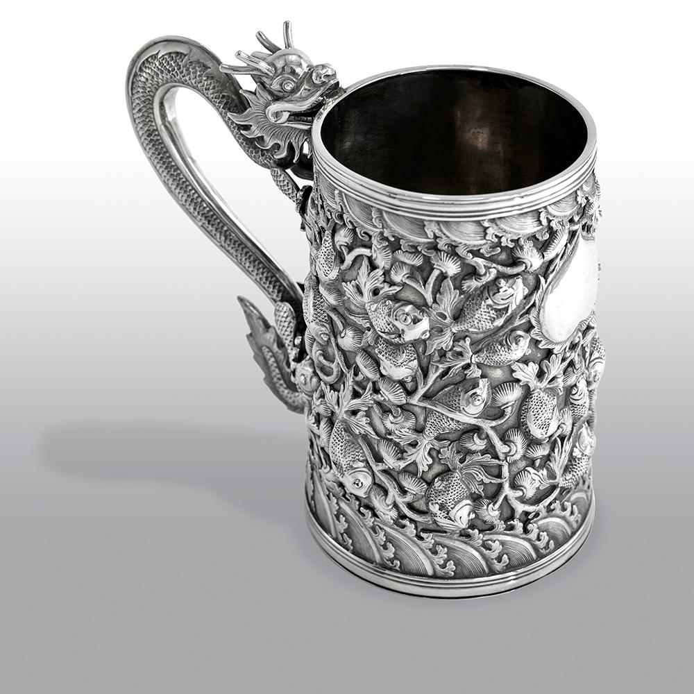 Antique Chinese Export 19th Century Large Solid Silver Tankard In Good Condition In Uckfield, Sussex