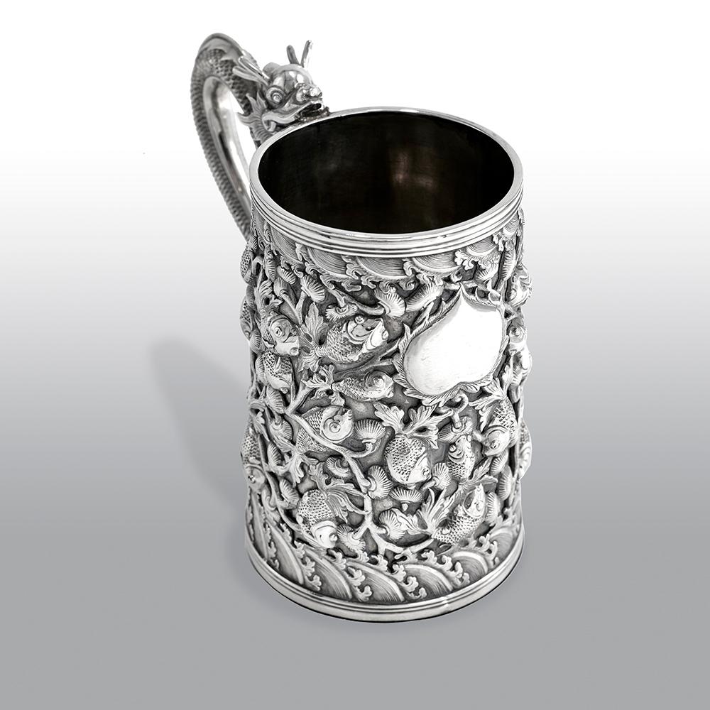 Mid-19th Century Antique Chinese Export 19th Century Large Solid Silver Tankard