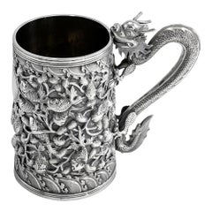 Antique Chinese Export 19th Century Large Solid Silver Tankard
