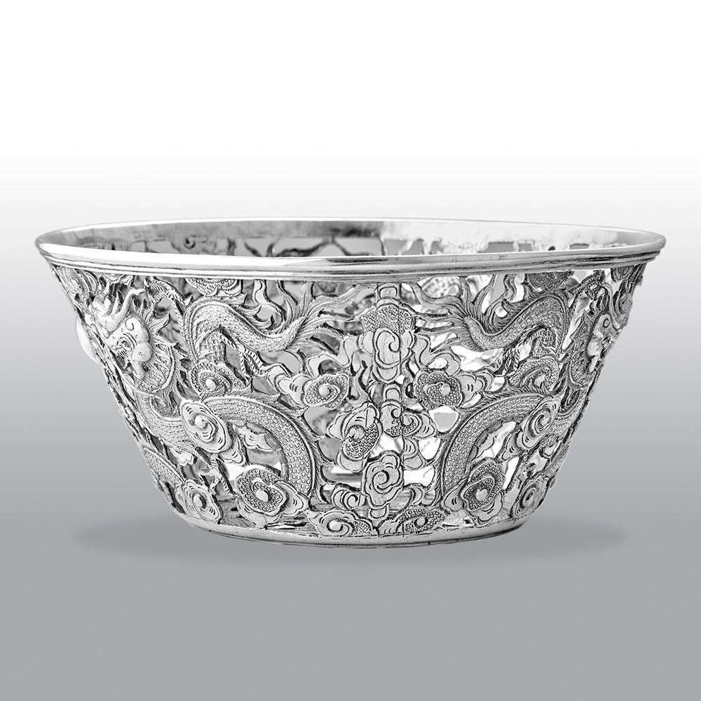 Embossed Antique Chinese Export 19th Century Solid Silver Bowl