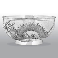 Antique Chinese Export 19th Century Solid Silver Dragon Bowl
