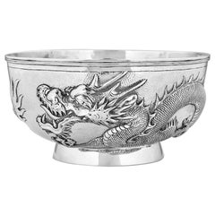 Antique Chinese Export 19th Century Solid Silver Dragon Bowl