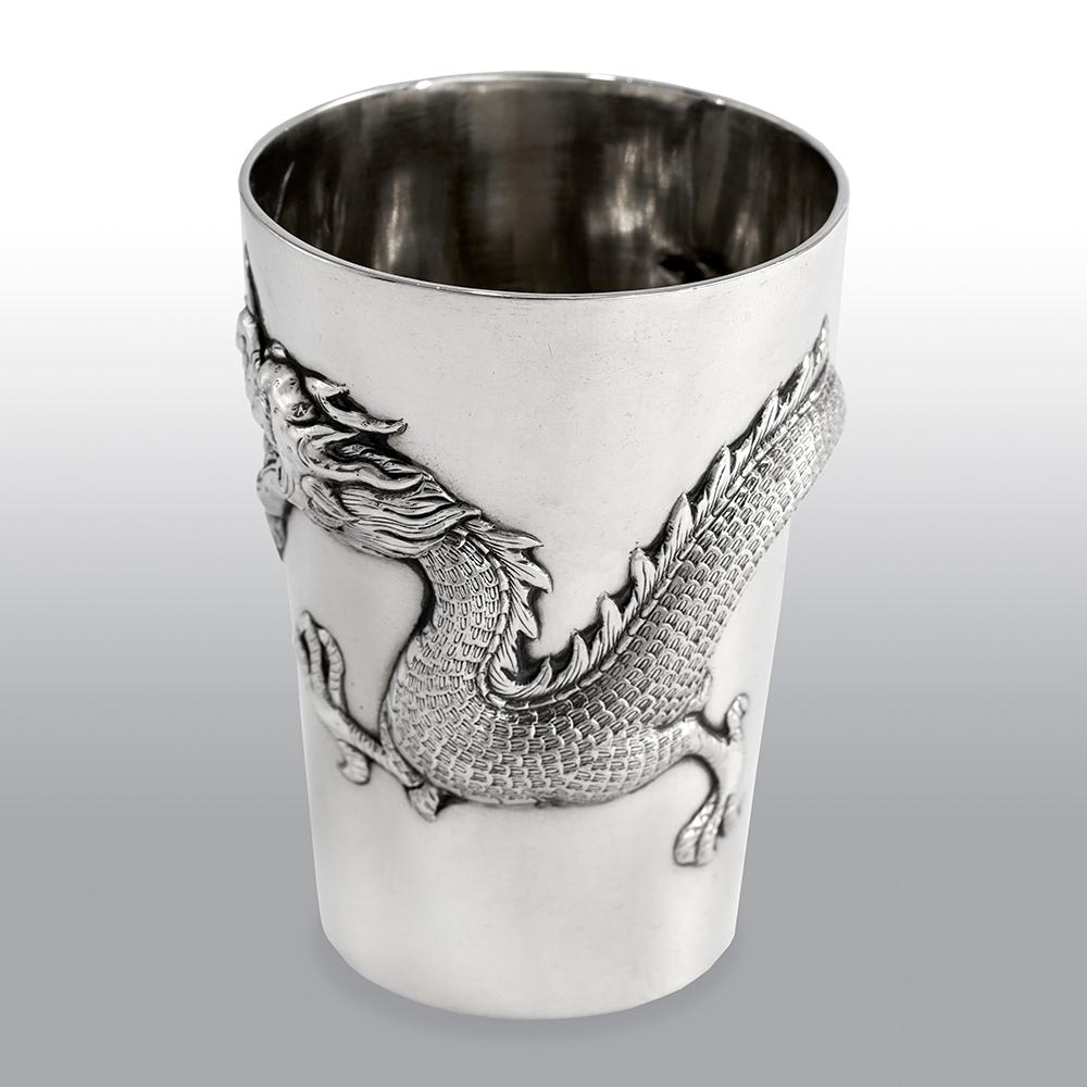 Embossed Antique Chinese Export 20th Century Solid Silver Dragon Beaker