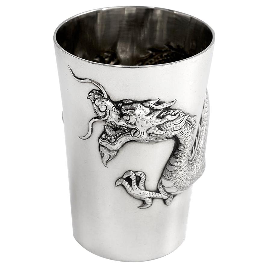 Antique Chinese Export 20th Century Solid Silver Dragon Beaker