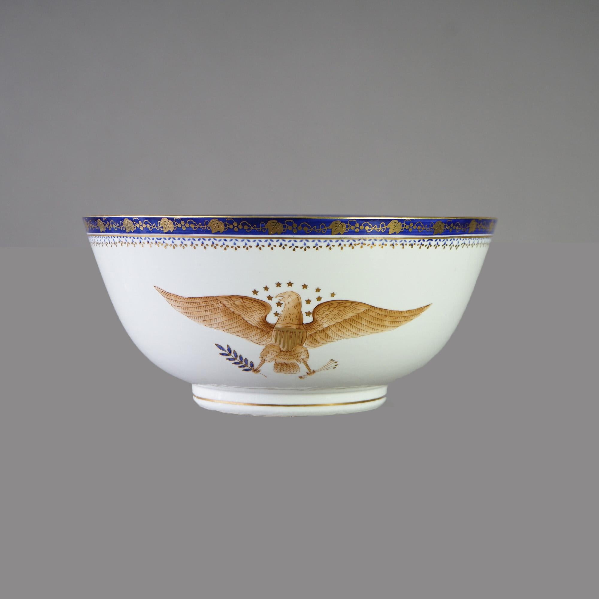 Federal Antique Chinese Export Armorial Eagle Hand Painted & Gilt Porcelain Bowl 20th C