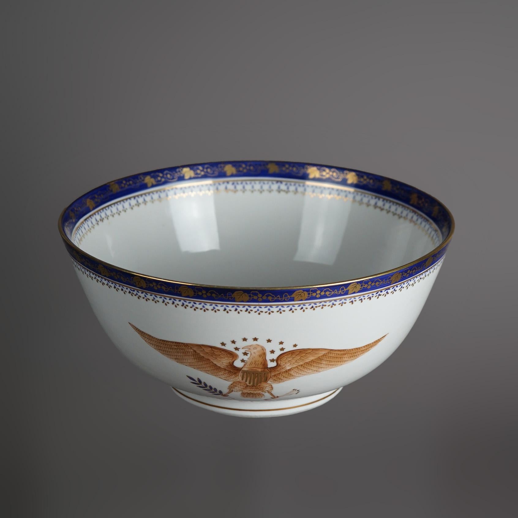 Antique Chinese Export Armorial Eagle Hand Painted & Gilt Porcelain Bowl 20th C In Good Condition In Big Flats, NY