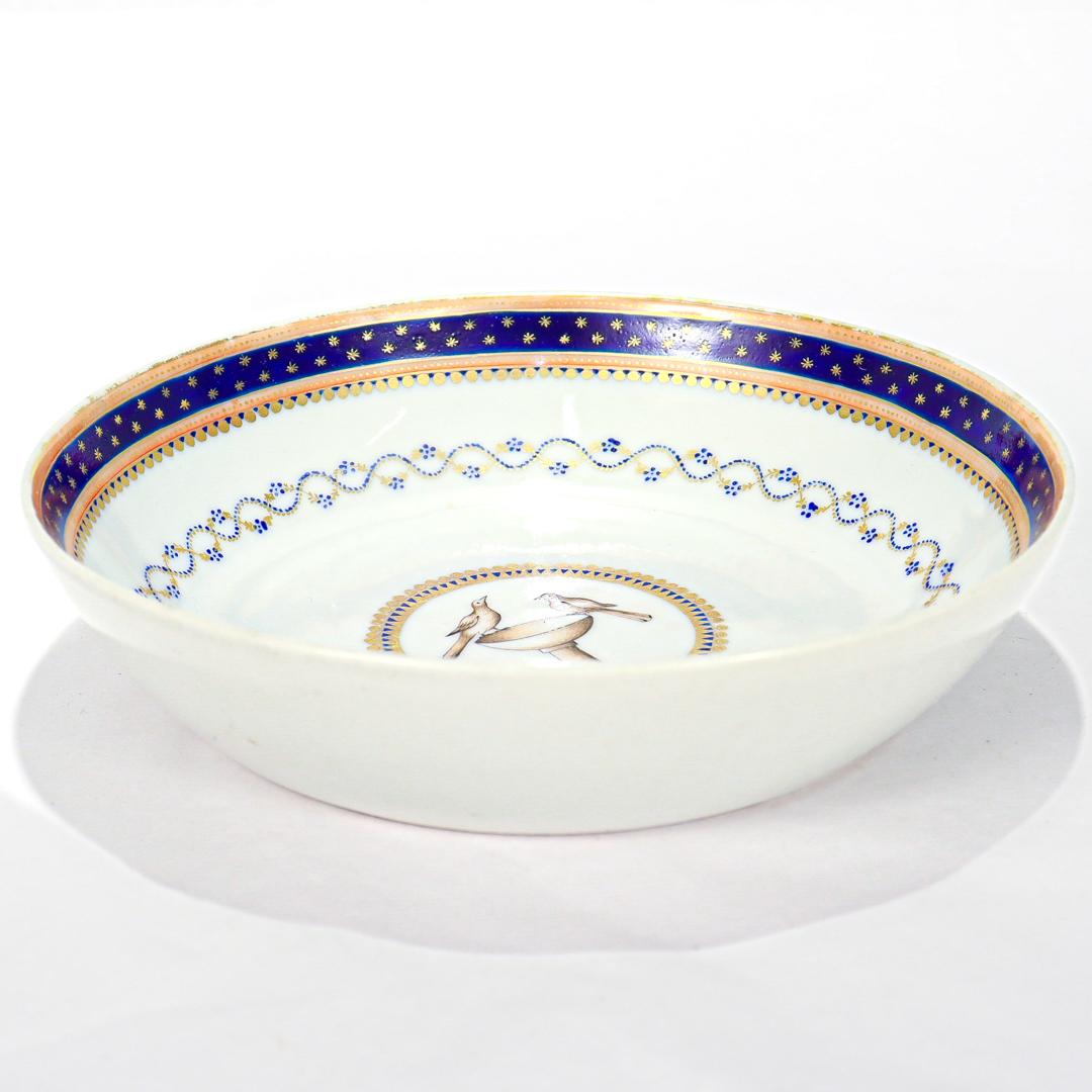 19th Century Antique Chinese Export Armorial Porcelain Saucer with Doves in a Bird Bath For Sale