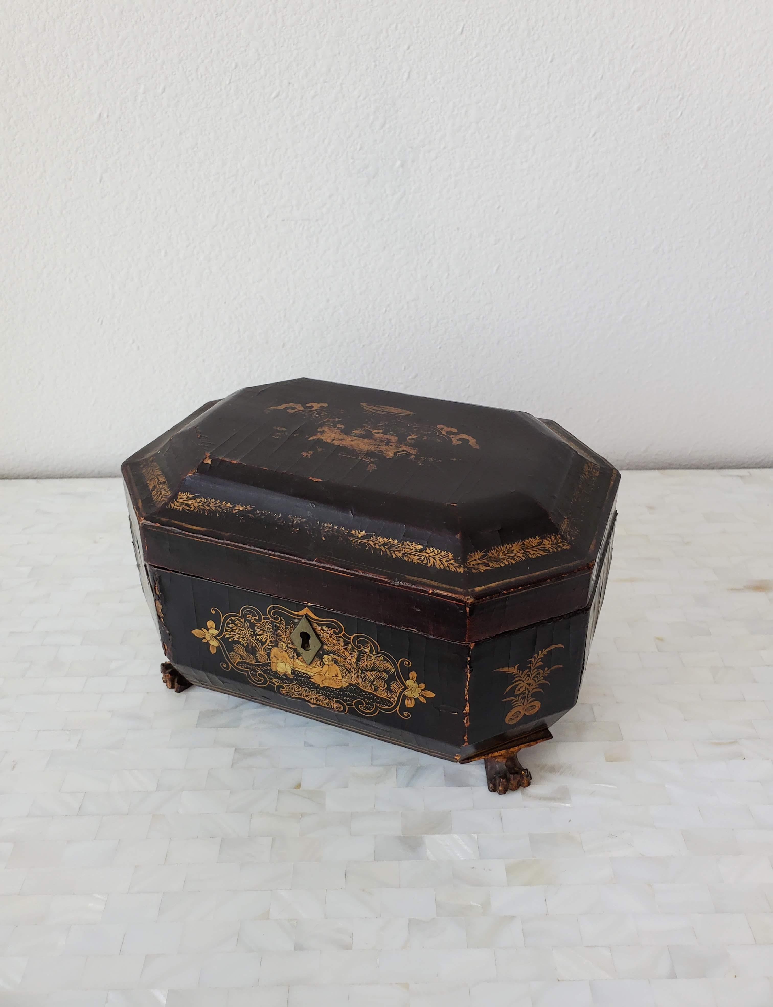 Qing Antique Chinese Export Black Lacquer Tea Caddy  For Sale