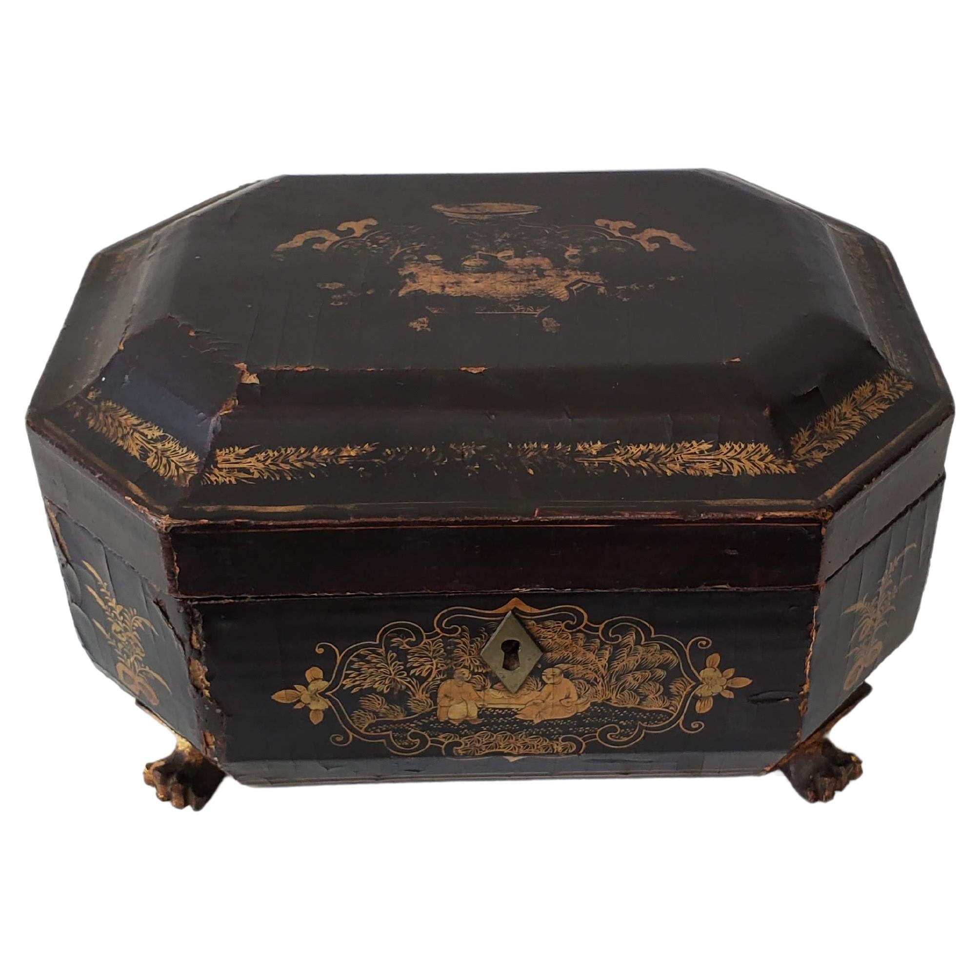 Antique Chinese Export Black Lacquer Tea Caddy 