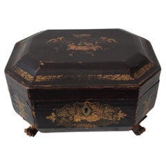 Antique Chinese Export Black Lacquer Tea Caddy 