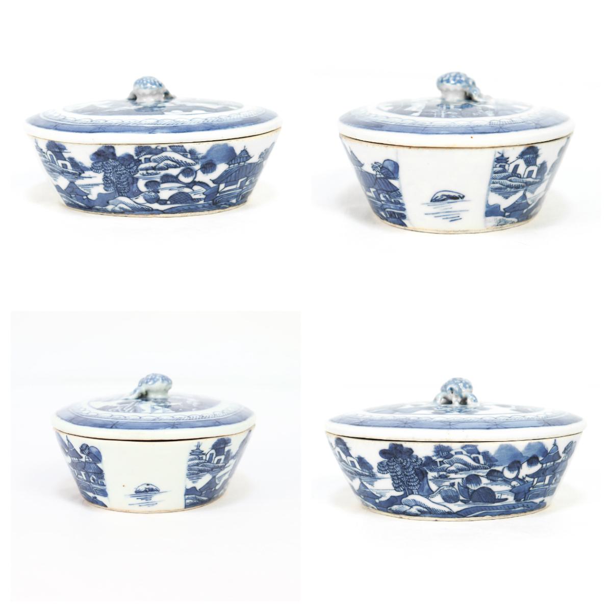 Ancien beurrier couvert en porcelaine de Canton bleu et blanc d'exportation chinoise en vente 1