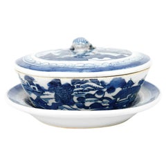 Antique Chinese Export Blue & White Canton Porcelain Covered Butter Dish