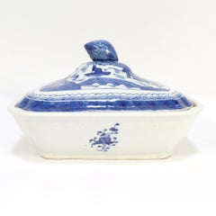 Antique Chinese Export Blue & White Canton Porcelain Covered Vegetable Dish